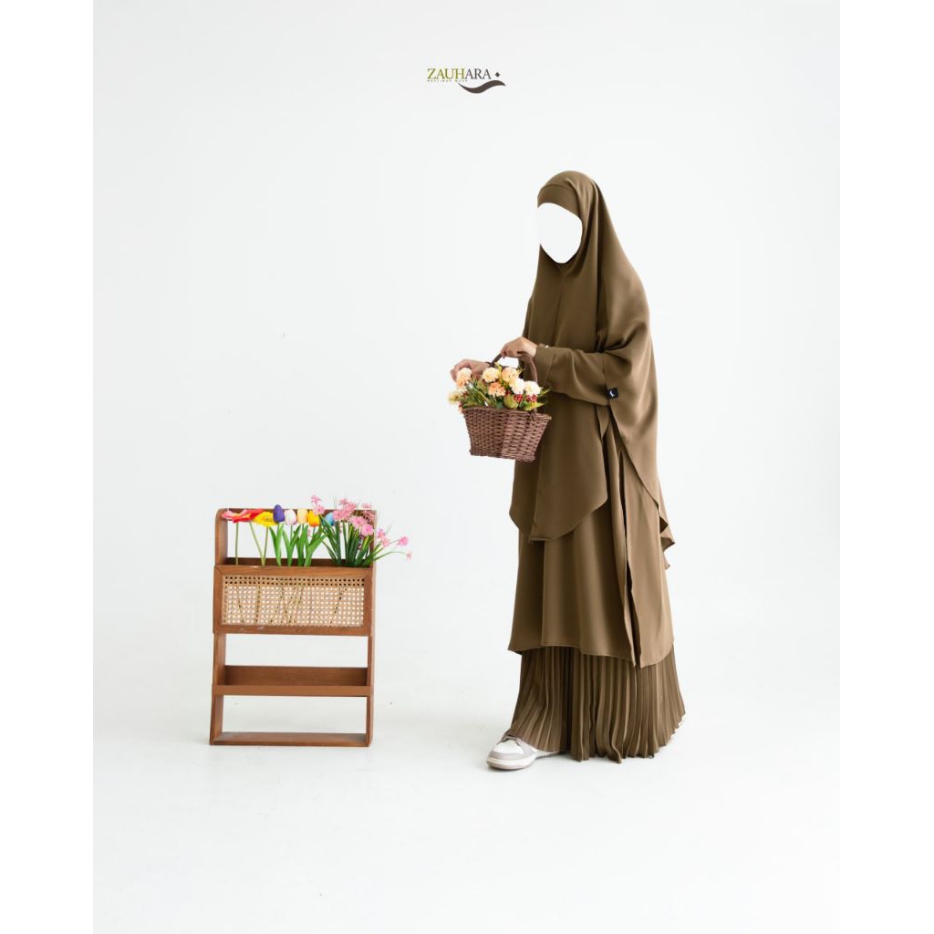 Preloved Like New Set tunik rok dan French Khimar Muda Series Butternut My Zauhara Mazen anti uv