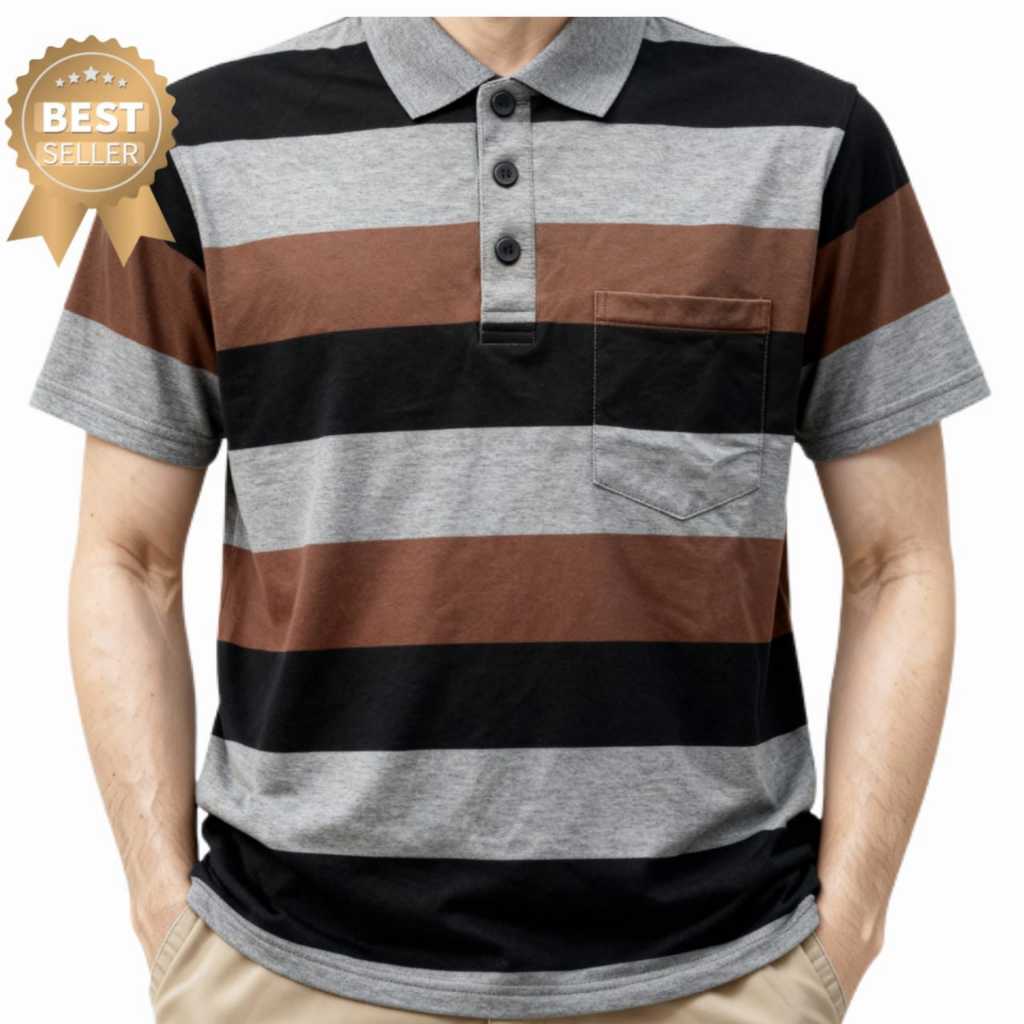 Baju kerah pria motif salur terbaru/kaos kerah pria motif salur lengan pendek /baju kerah salur pria