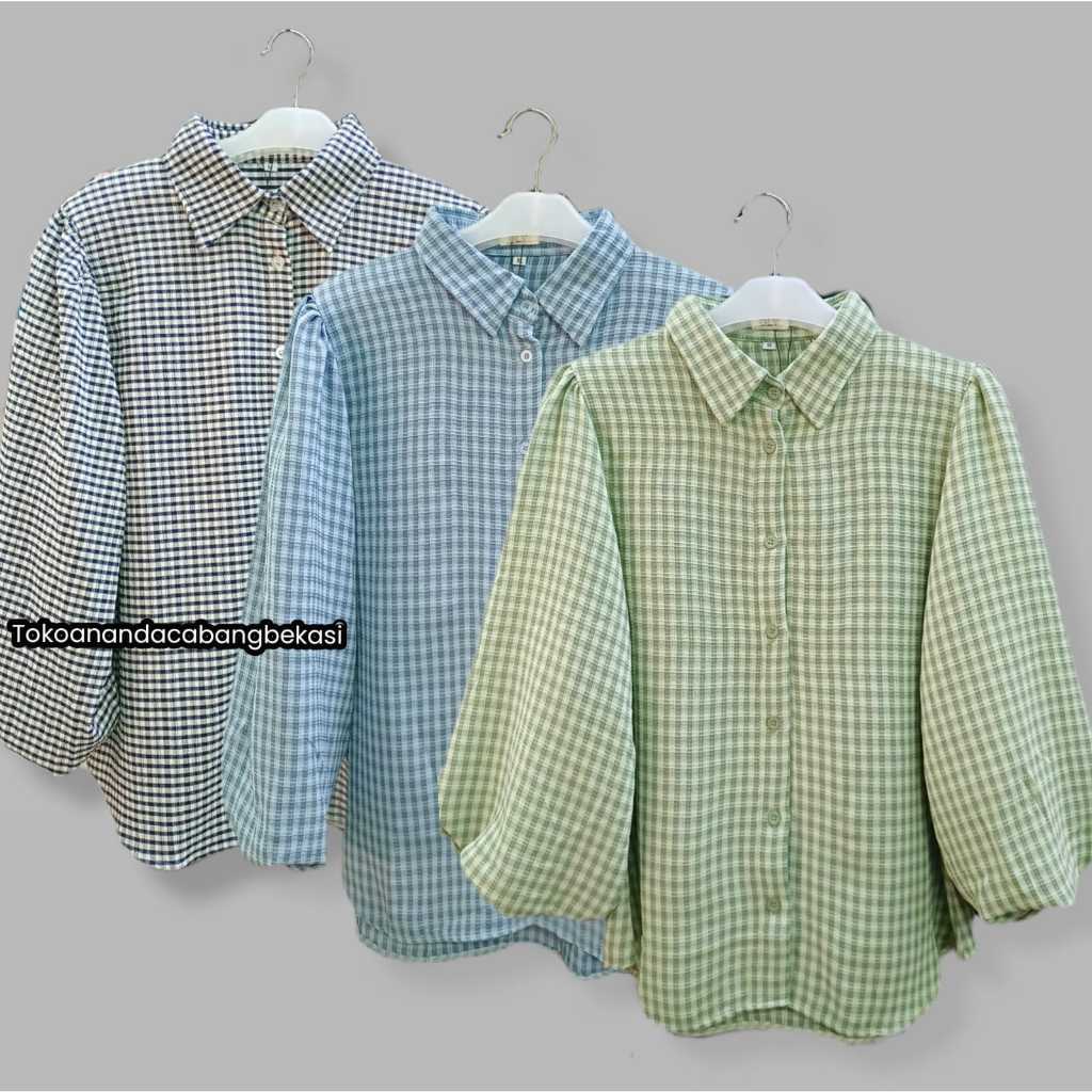 Atasan Wanita  Lengan 3/4 Model Balon Bahan Krinkle Motif Kotak - Kotak