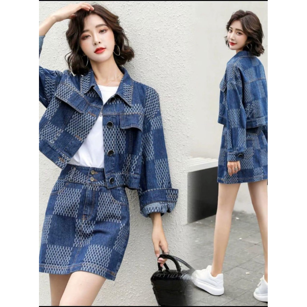 Set Denim Wanita Atasan Jaket dan Rok Pendek