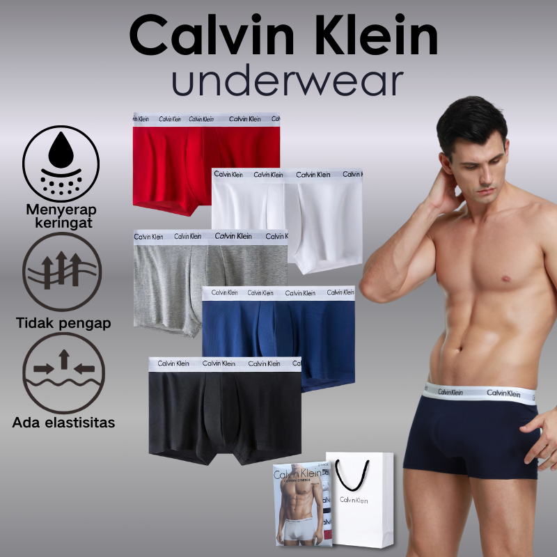 Calvin Klein asli beli CK celana dalam pria pinggang sedang boxer katun murni 3 potong kemasan kotak
