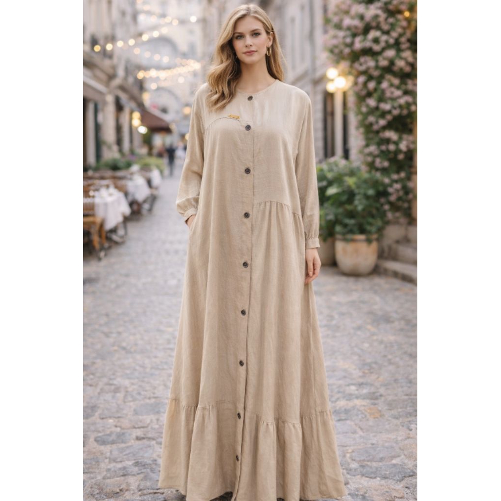 gamis linen polos kancing