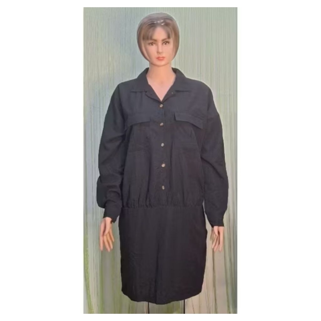 dress wanita jumbo hitam polos lengan panjang