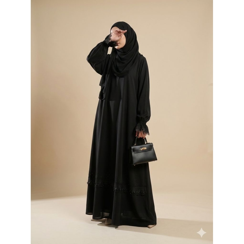 ABAYA MESHWA Gamis Hitam Arab Fursan Premium Anti UV Silk Renda Tile Mewah Busui Friendly Size S-XXL