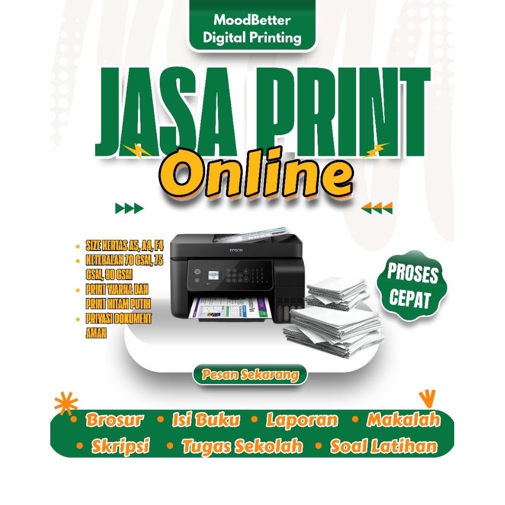 JASA PRINT CEPAT TERMURAH UKURAN A5/A4/F4 PUTIH DAN BEWARNA TUGAS SEKOLAH, BUKU SEKOLAH, JILID, MAKA
