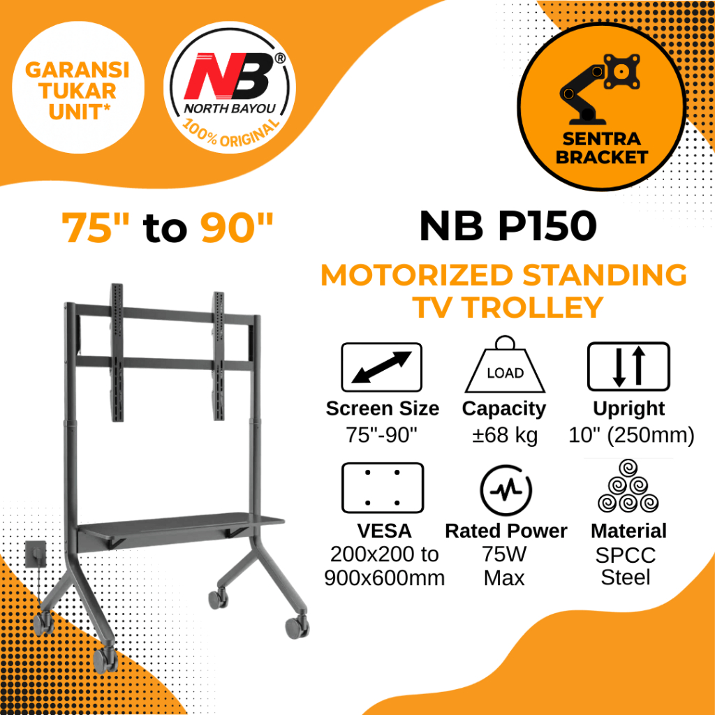North Bayou NB P150 Motorized Flexible Standing TV Trolley 75" to 90" Untuk Display TV LCD LED OLED
