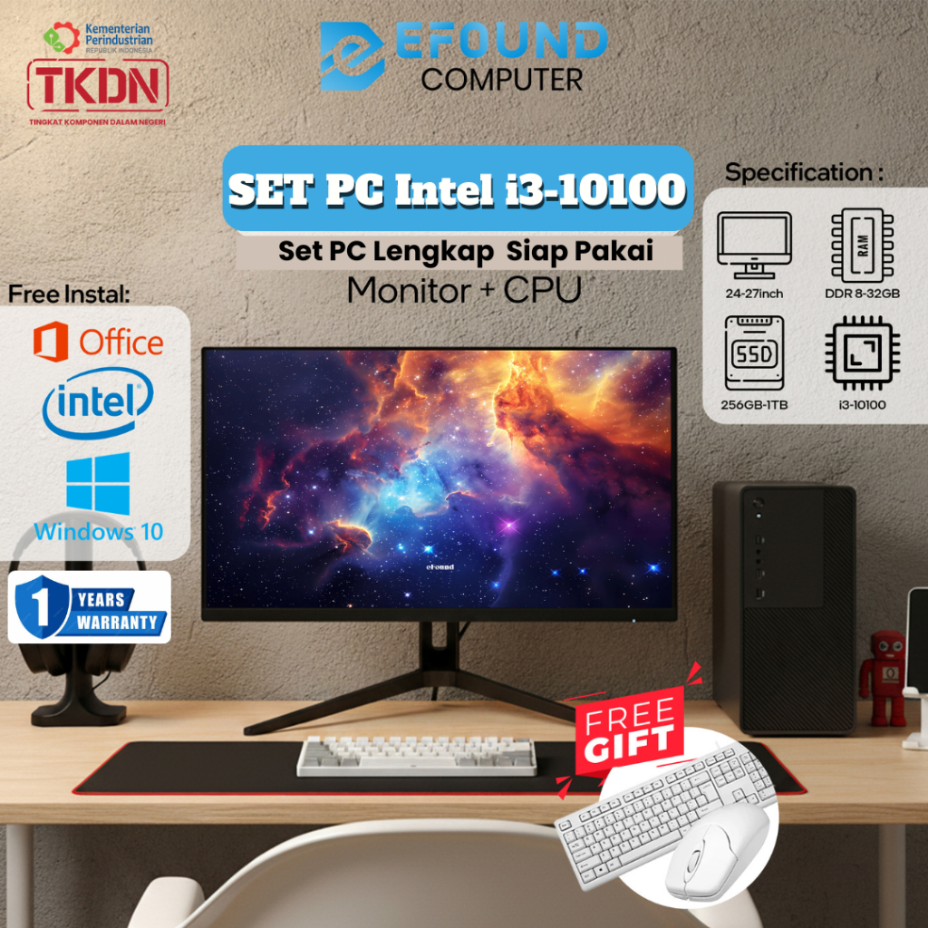 eFound Set PC Intel Core i3-10100 – Paket PC lengkap, Monitor Full HD 27 inch BG, 32GB RAM, 1TB SSD,