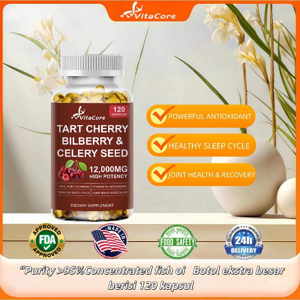 VitaCore Kapsul Ceri Asam, Bilberry, dan Biji Seledri 12.000 mg Tinggi Asam Urat, Pembersih, Antioks