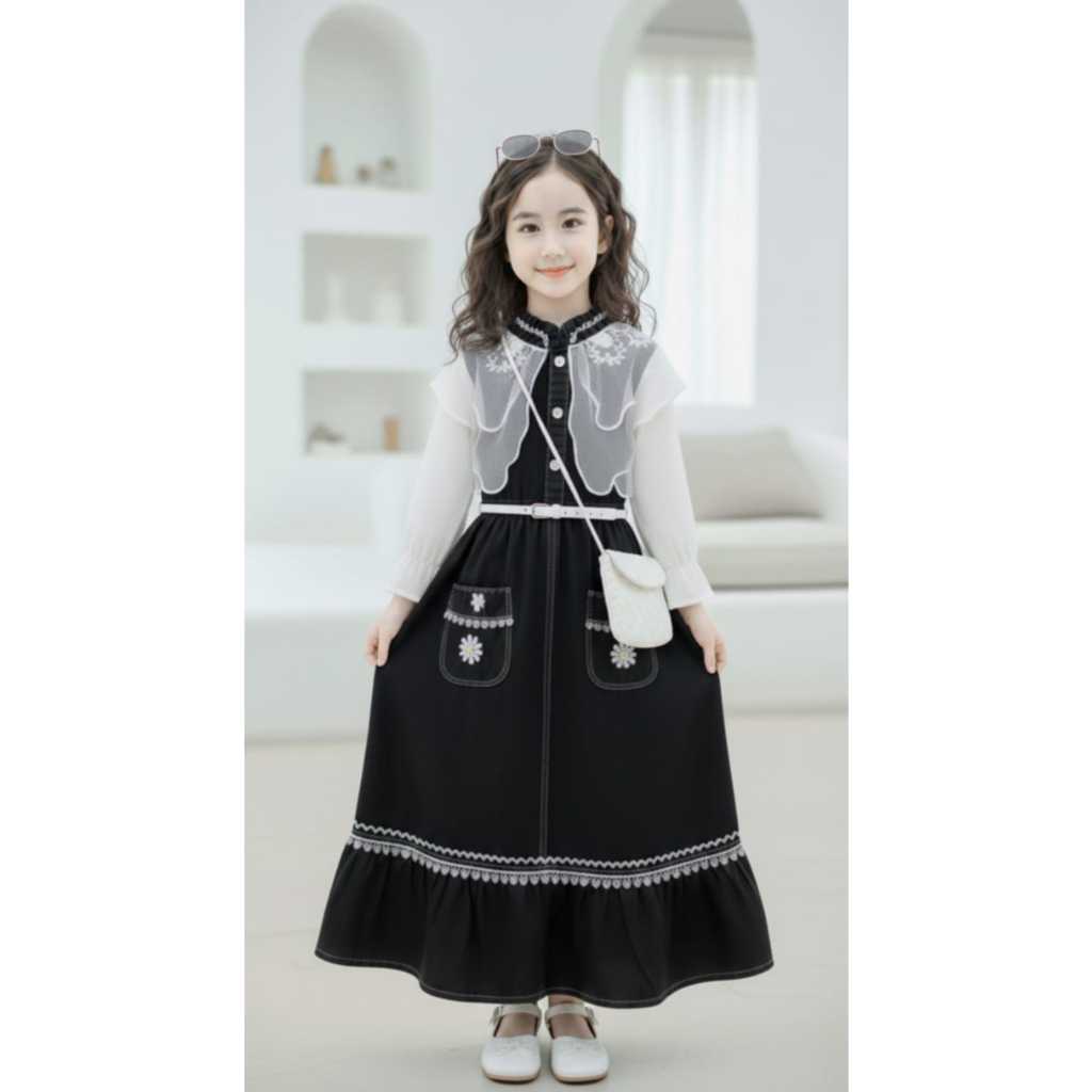 Dress Gamis Azzura Jeans Mix Organza mport Lengan Panjang Brokat Anak Perempuan Usia 2-15 Tahun Fash