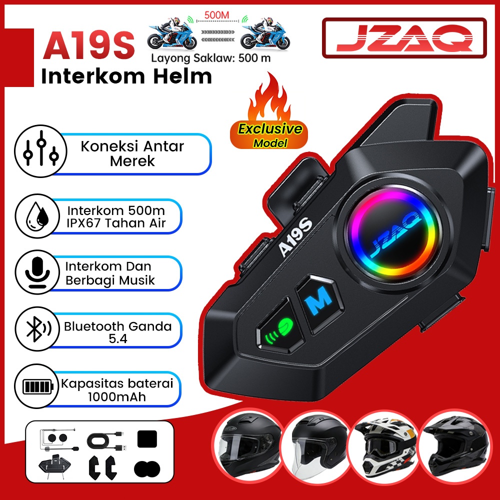 JZAQ A19S Interkom Helm Motor Pria Keren -500m Third-Party Intercom for 2 Riders 1000mah BT5.4 IP67 