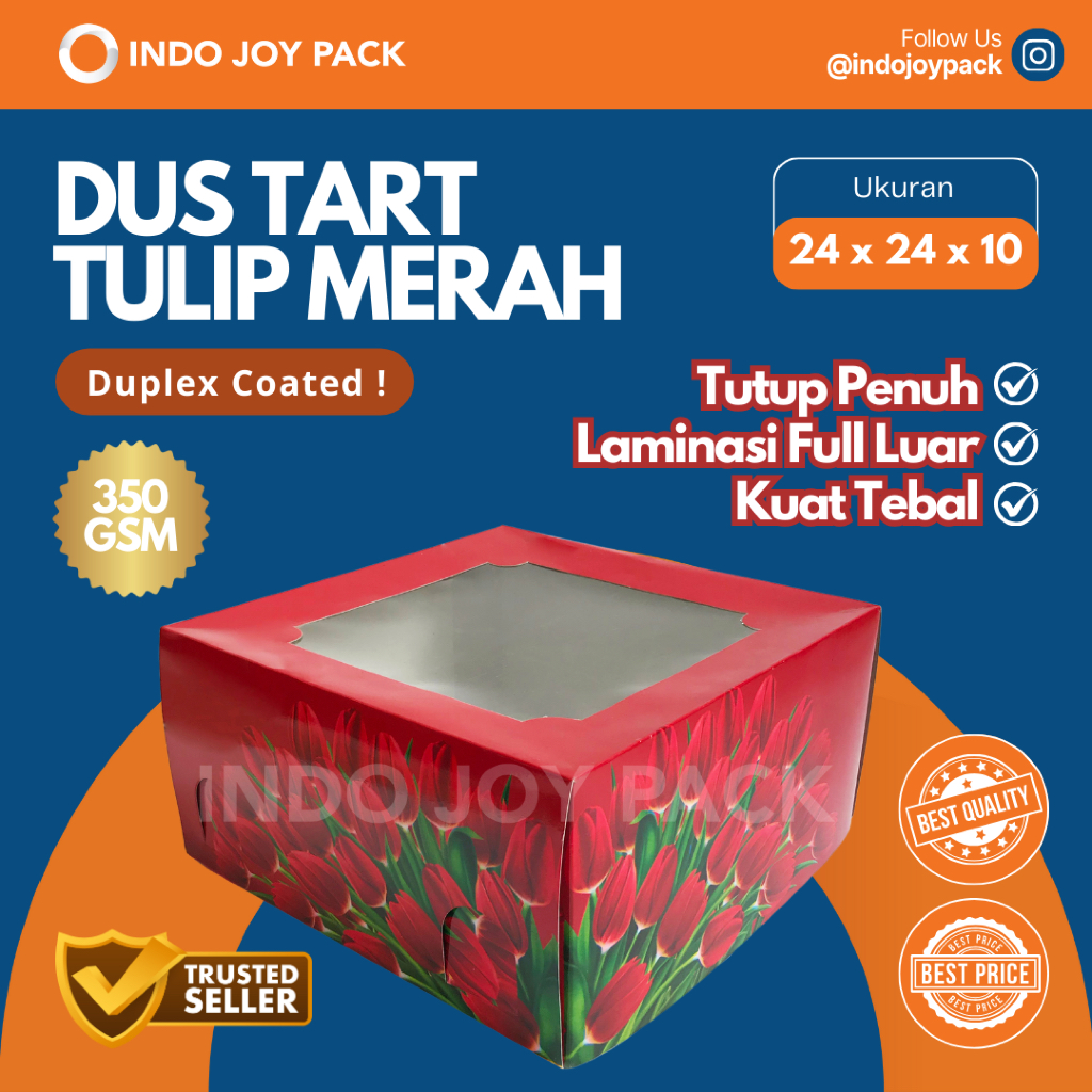 Dus Tart Tulip Merah Tutup Penuh / Ukuran 24x24x10 / Dus Kue Tebal Duplex / Dus Kue Tart / Kotak Kue