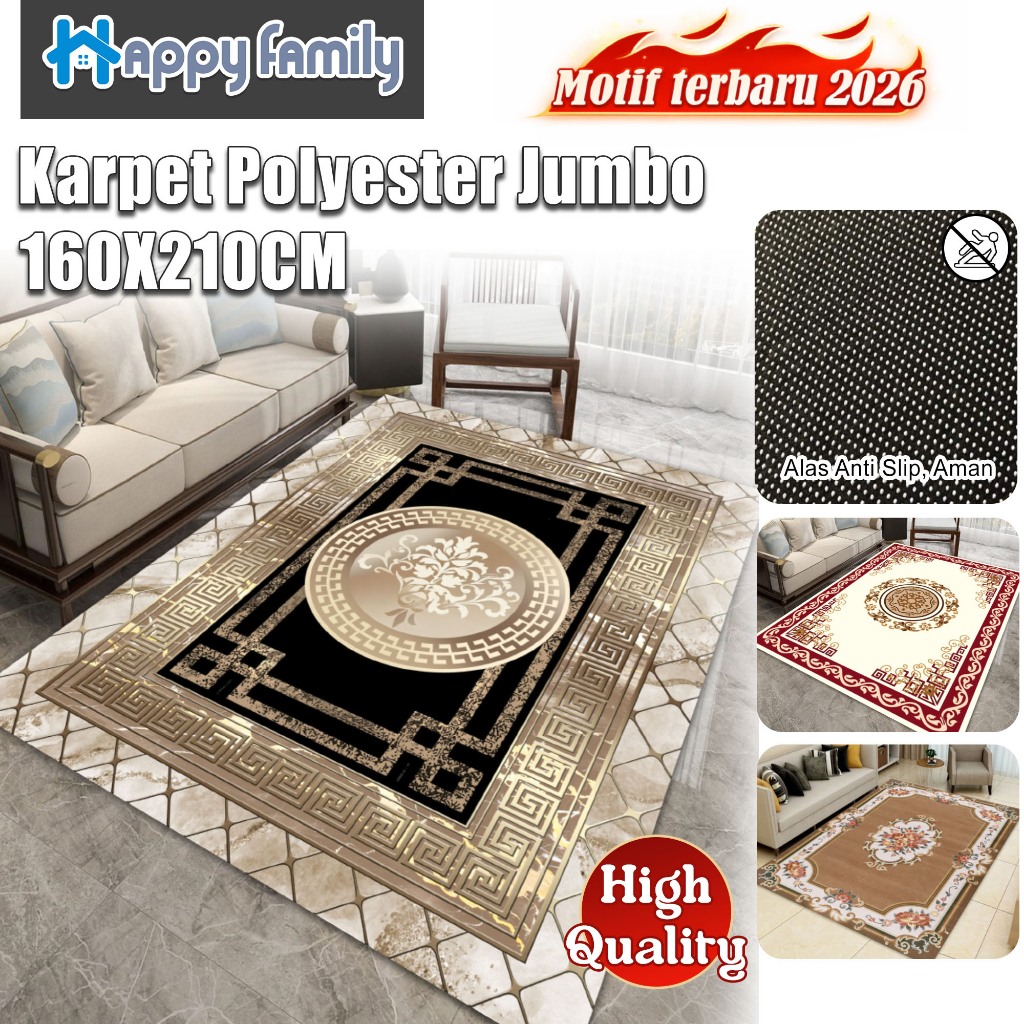 (HF) LOKAL Karpet Polyester Jumbo UK 160x210CM Alas Anti Slip Motif Elegan untuk Dekor Rumah