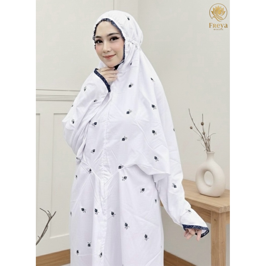 MUKENA TERUSAN PANJANG PUTIH MODEL DAHI KERUT DG BORDIR MOTIF SERIBU BUNGA | MUKENAH DEWASA REMAJA L