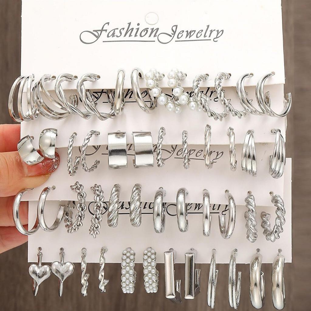 Korea Kepribadian Elegan Anting-Anting Persegi Emas Perak Perak Anting-Anting Bulat Mutiara 5-6 Pcs