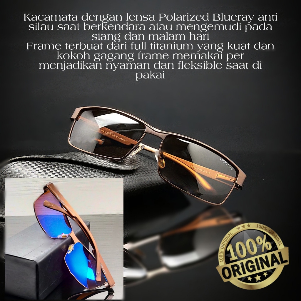 KACAMATA POLICE ORIGINAL P 24 TITANIUM LENSA POLARIZED BLUERAY NYAMAN DIPAKAI SAAT BERKENDARA KUAT D