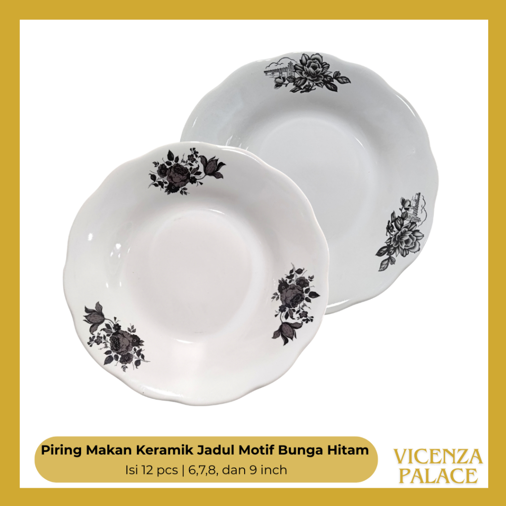 Piring Makan Keramik Jadul Motif Bunga Kembang Hitam 01 Lucky ukuran 6,7,8 dan 9 inch (1 Lusin)