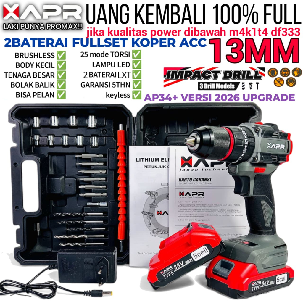 PROMO APR RAJA BOR impact drill BRUSHLESS TYPE AP34+ 13mm keyless auto lock 2baterai lxt 88v / Bor A