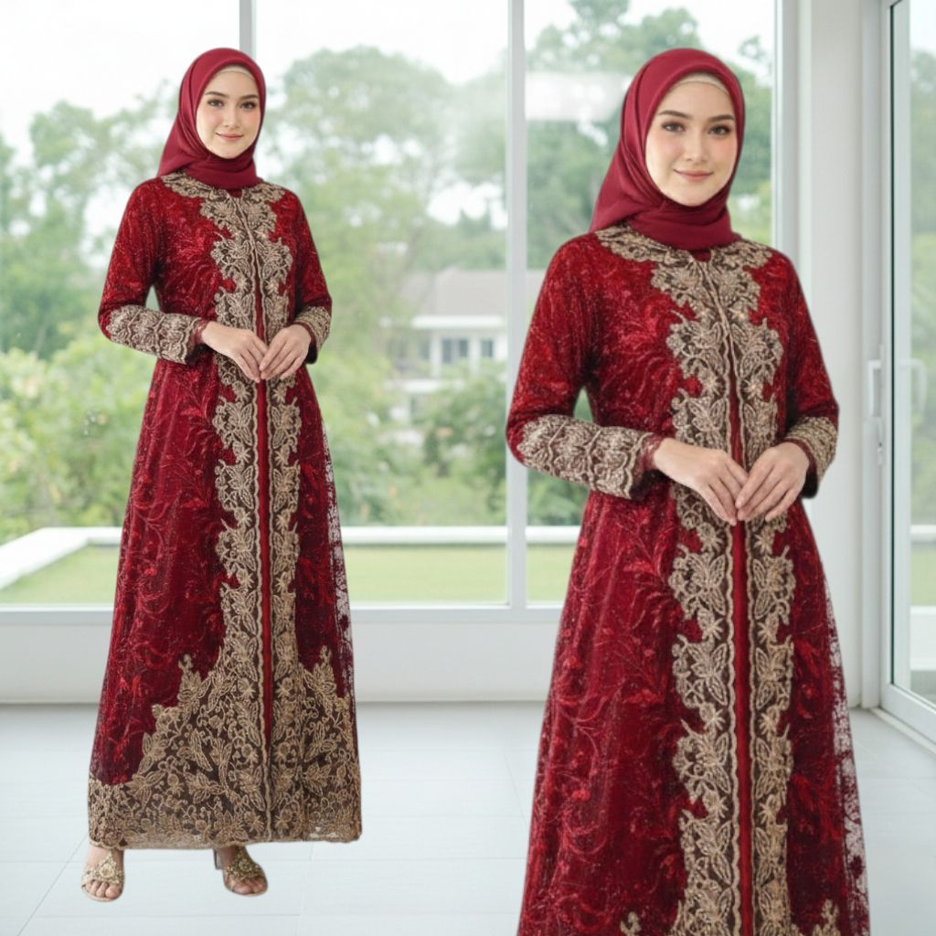 {Toko.Sky} Gamis Casablanka Bordir Tempel/Gamis Pesta Tille Bordir Kombi Satin Velvet