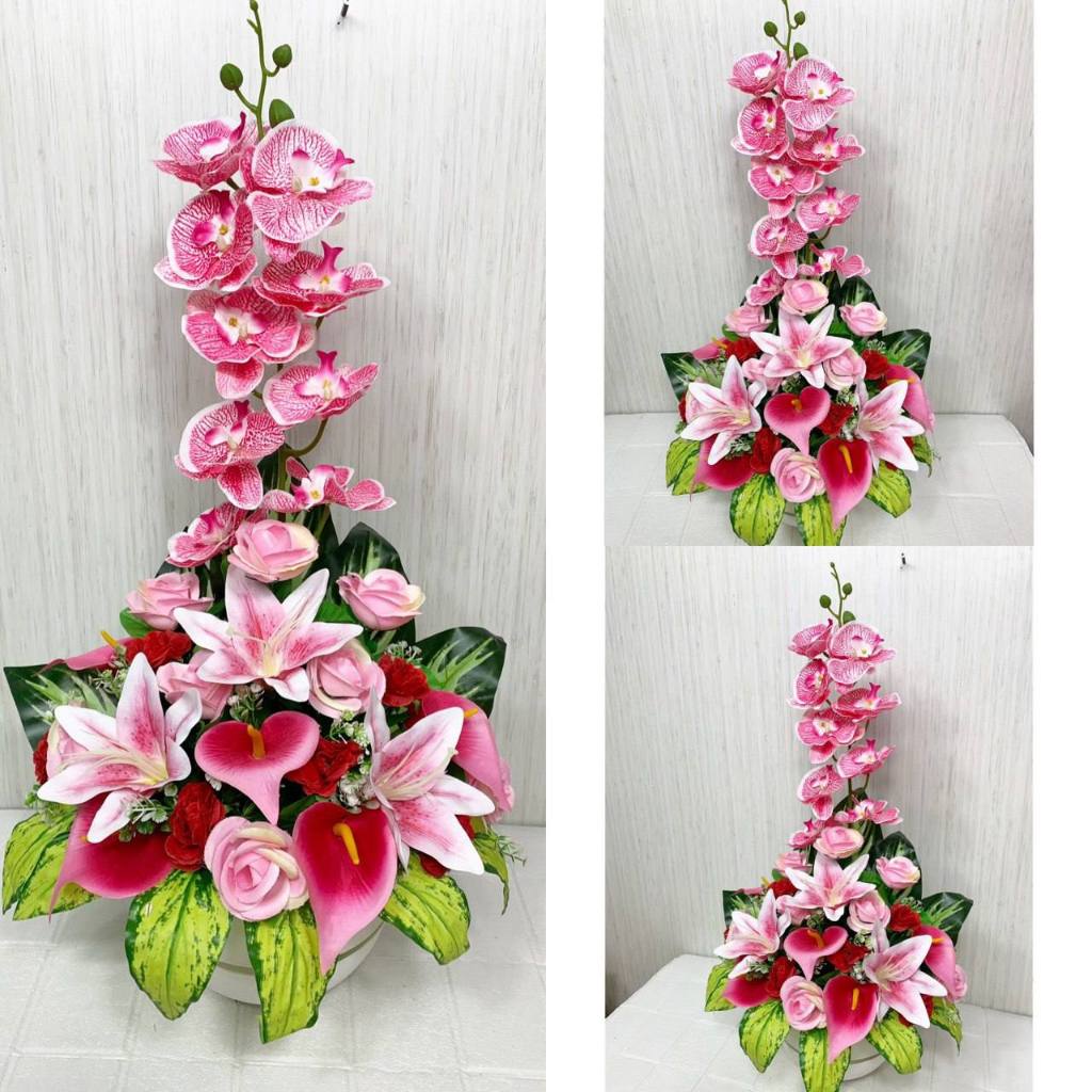 Bunga Meja Sudut Anggrek Pink Kain Lily Latex Pink Pot Bulat Artificial