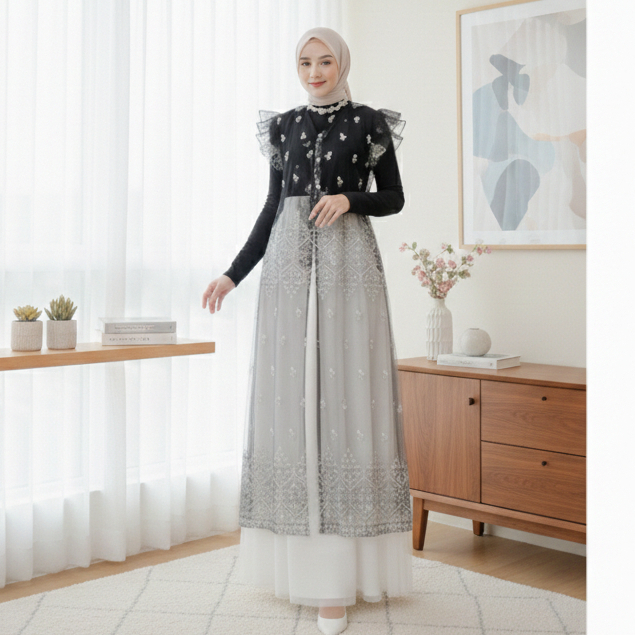 Setelan Vest Long Tunik Brukat + Rok Tutu Putih Ootd Hari Raya Outer Brukat Hitam Style Hijab Wanita