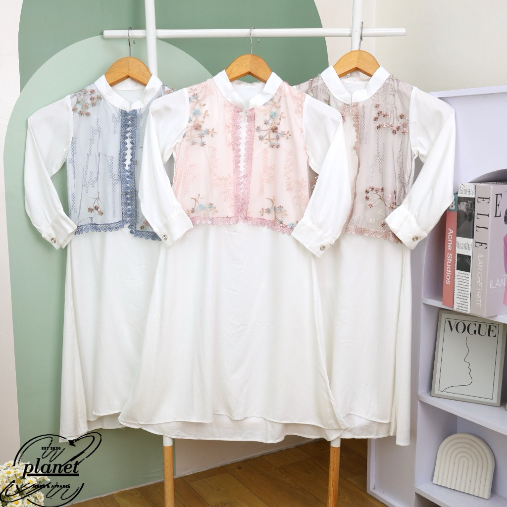 GAMIS ANAK PEREMPUAN ROMPI LEBARAN GAMIS PUTIH BLUE PEACH VEST BROKAT TILE BUSANA MUSLIM BAHAN ADEM 