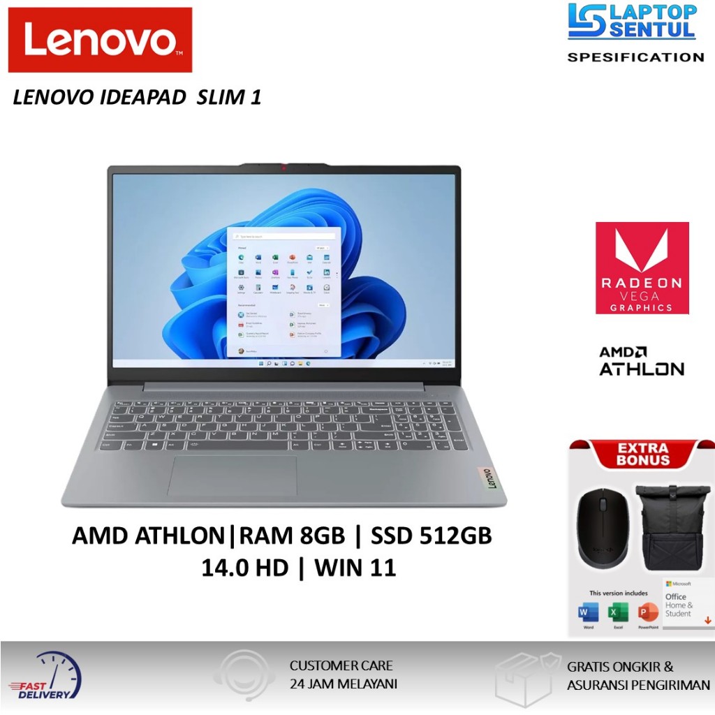 Lenovo ideapad Slim 1 Amd Athlon Silver 7120U 1TB SSD FHD Windows 11 OHS Grey