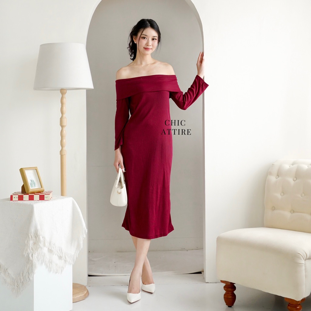 CHIC ATTIRE | Rein Dress - Dress sabrina wanita dress merah maroon imlek sincia cny natal dress kore