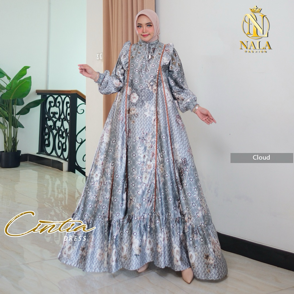 Cintia Dres Silk Premium Import Ziper Depan Aksen Rempel Pundak Tali leher pergelangan tangan smoke 