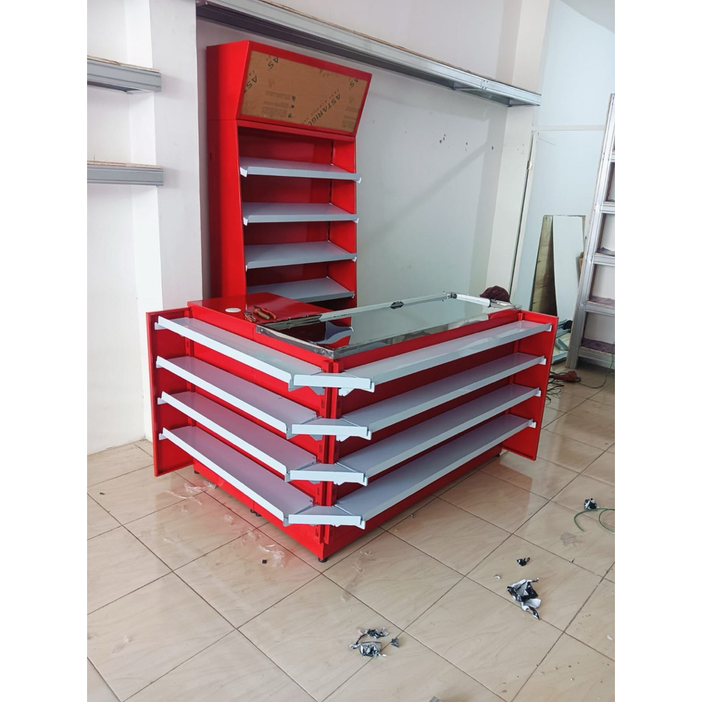 Paket lengkap rak minimarket meja kasir rak single 170