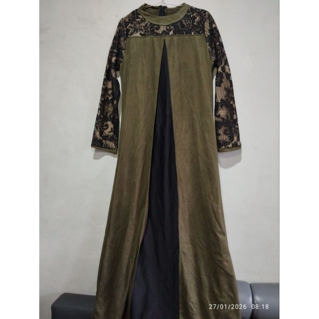 Gamis Wanita Hijau Army Hitam Kombinasi Brokat | Lengan Panjang | Preloved