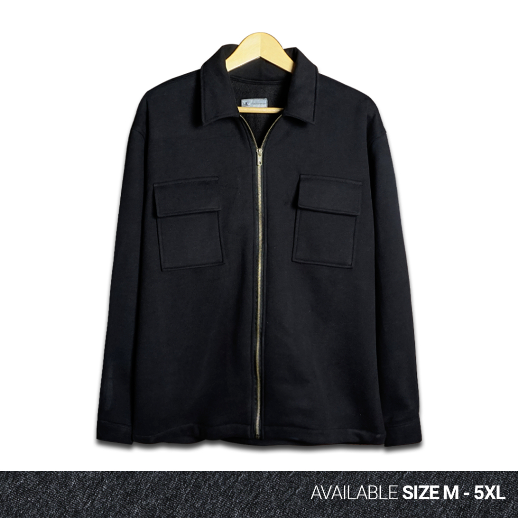 REEVANT Shacket Jacket Zipper Fleece Premium Unisex Big Size Jumbo Ukuran M-5XL Hitam