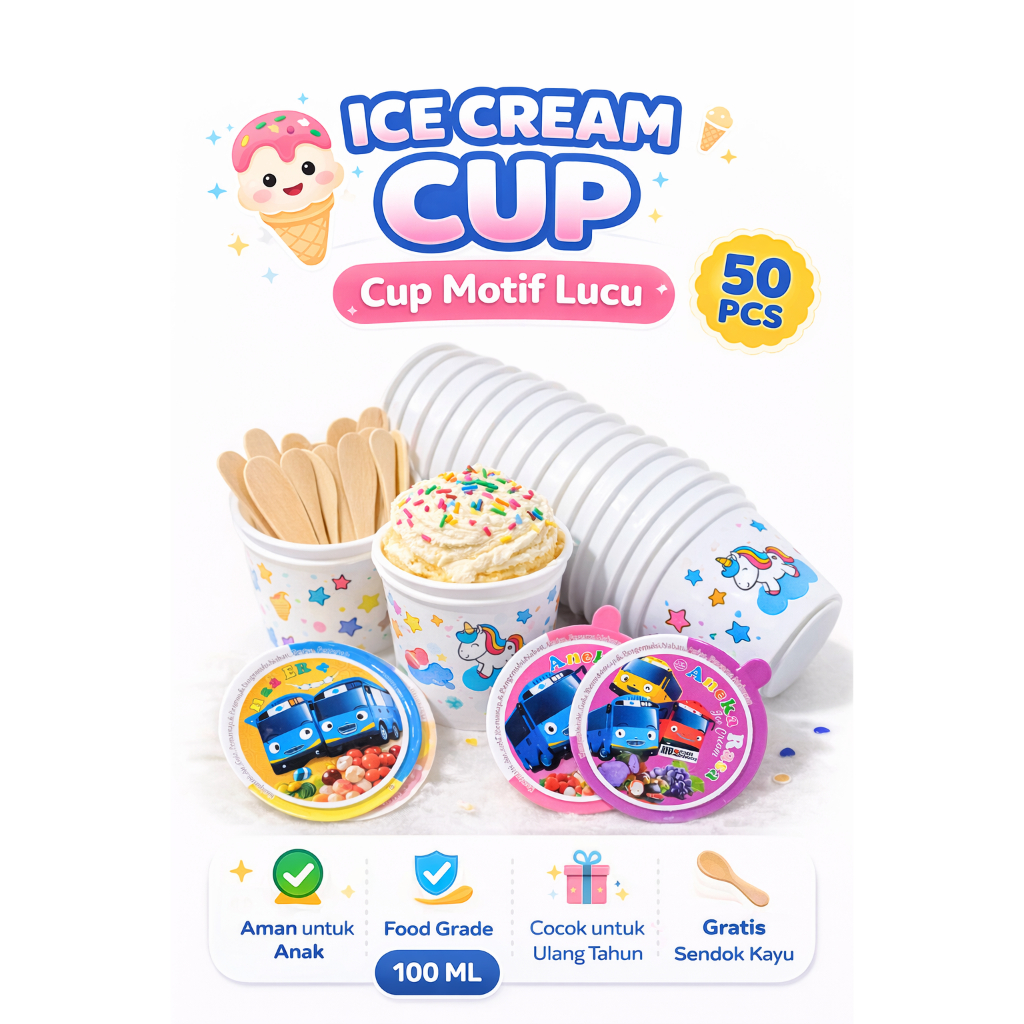 Cup Es Krim 100 ML Plastik Motif 50 Pcs Lengkap Cup 50 Ml Dan Tutup Cup Ice Cream 100ml