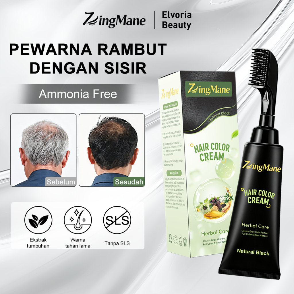 ZingMane Pewarna Rambut Alami 100ML - Hair Coloring Cream Buah & Sayur, Tanpa Amonia & SLS, Rambut Penghitam Uban, Penghitam Rambut Herbal dengan Aroma Buah, Hasil Natural & Tahan Lama