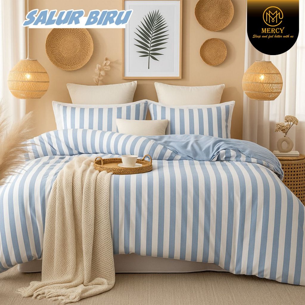 [Katun Lokal] Bahan Kain Sprei Motif SALUR BIRU