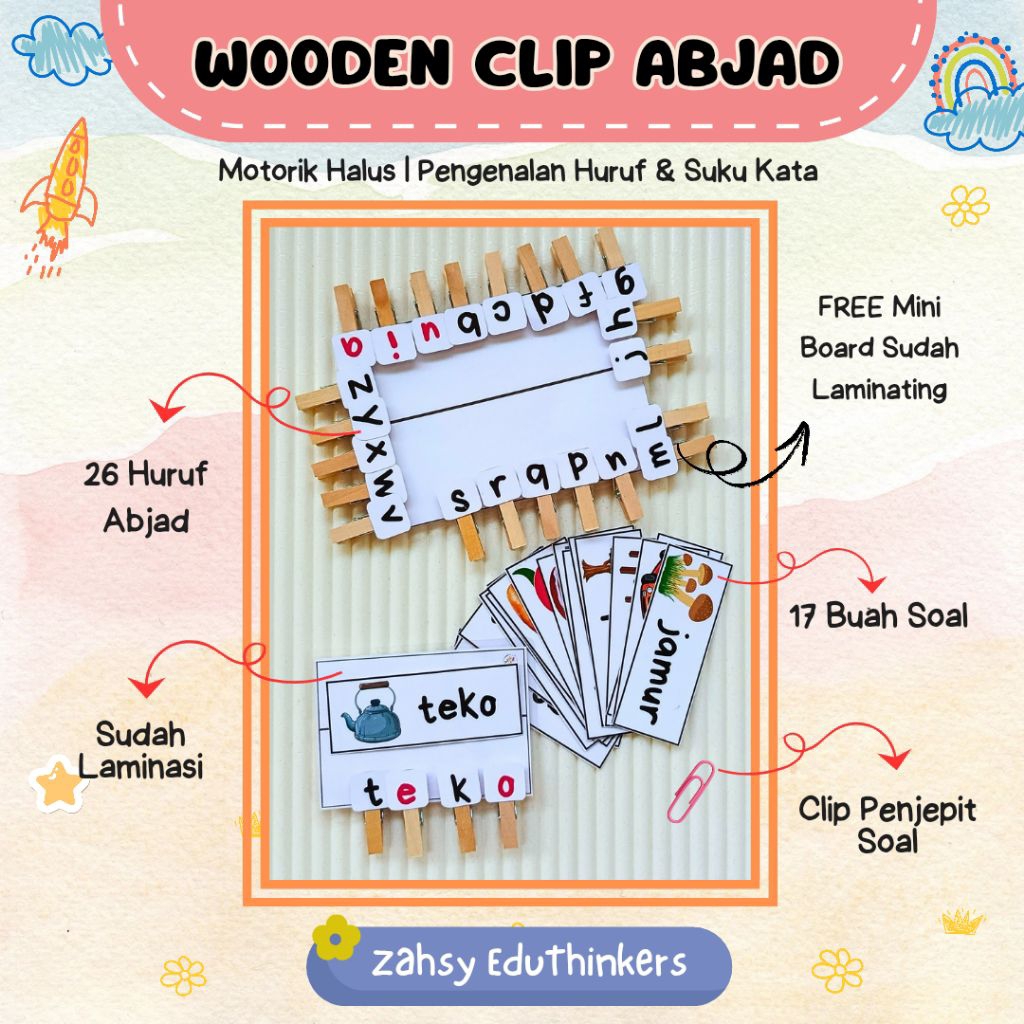 Wooden Clip Alphabet Abjad Montessori Penjepit Kayu Huruf Abjad Mainan Edukasi Anak Belajar Membaca 