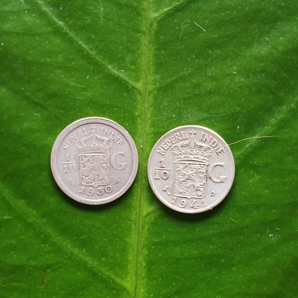 Koleksi 2 Biji Koin Perak Kuno Nederland Indie 1/10 Gulden