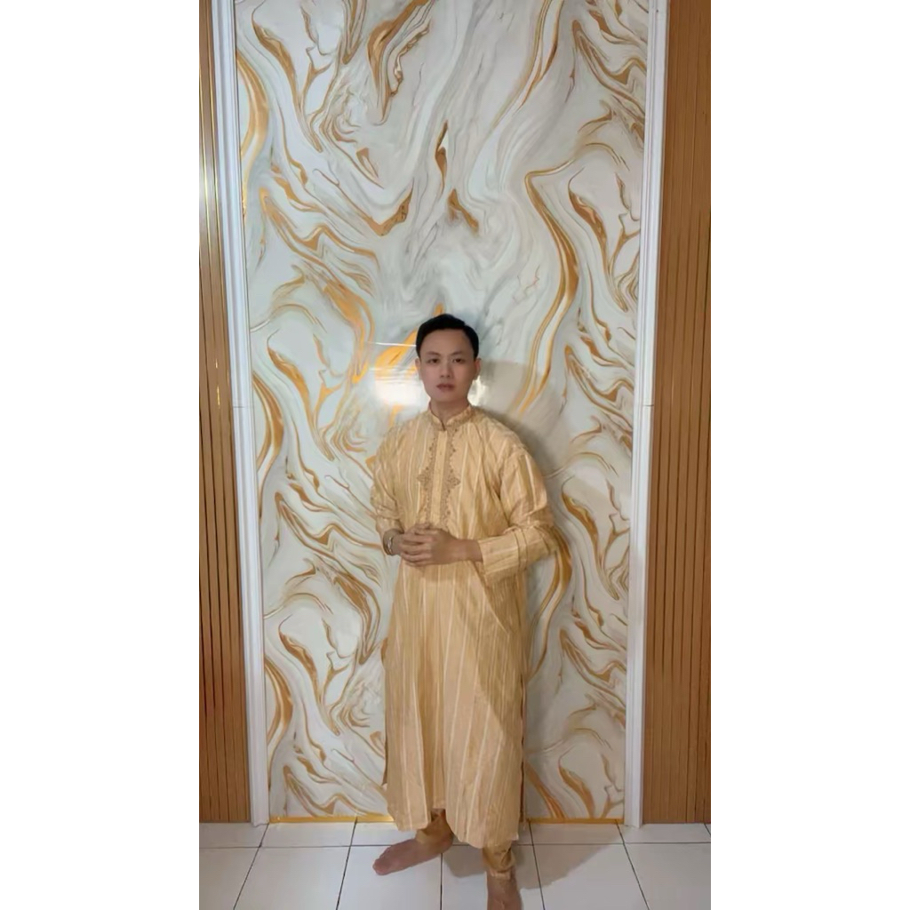 BAJU INDIA PRIA KURTA CELANA DHOTI ONE SET CREAM GOLD