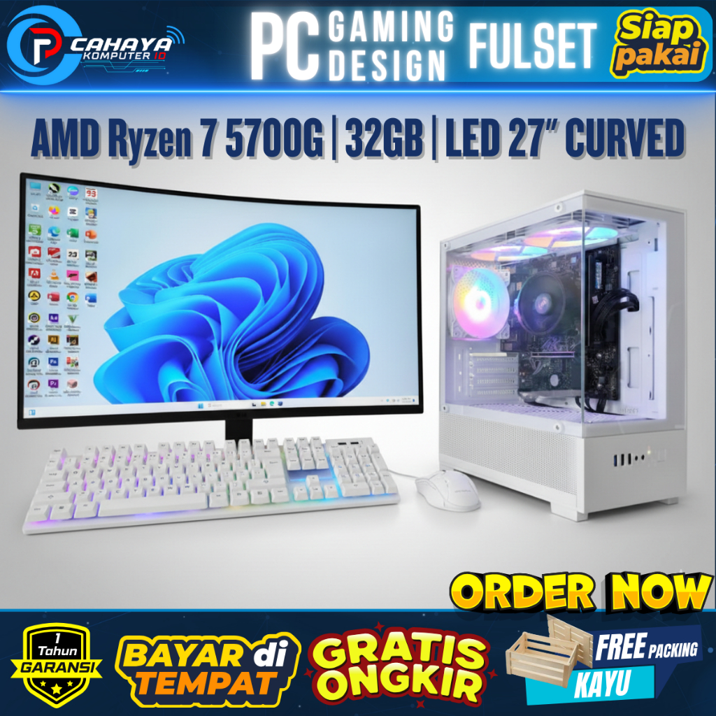 PC Gaming Editing Full Set AMD RYZEN 7 5700G | RAM 32GB | SSD 128GB | Monitor 27" CURVED SIAP PAKAI