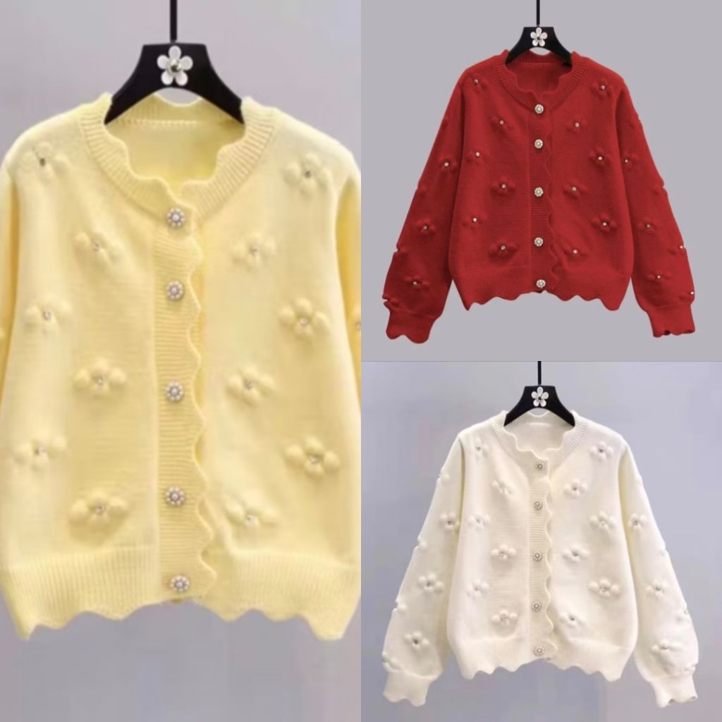 Cardigan Wanita Rajut Putih Bunga Timbul Polos Crew Neck Kardigan Lembut Outer Baju Panjang