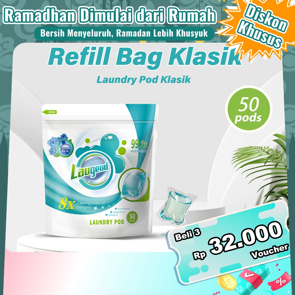 Laugend Classic Laundry Pod, 50 PCS Refill Bag, Kapsul Laundry dengan Aroma Frozen Rose, Sunkissed P