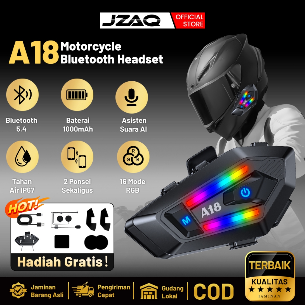 JZAQ A18 Headset Helm Bluetooth - Baterai 1000mAh, BT 5.4, Fitur Noise Cancelling & Asisten Suara.