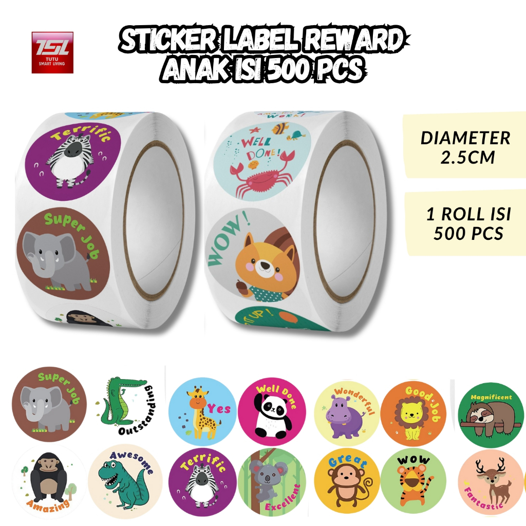 TUTU ±500PCS STIKER ANIMAL REWARD TEMPEL DIY LABEL STICKER ROLL