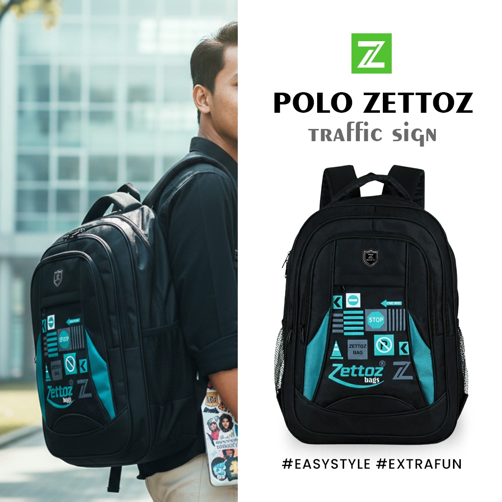 POLO ZETTOZ - Ransel Sekolah Anak Laki Laki Smp Tas Gendong Pria Traffic Sign Tosca Simple Bonus Rai