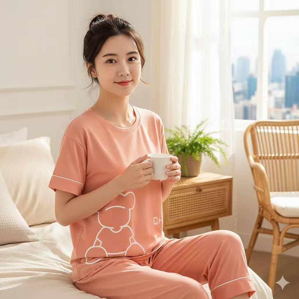 BAJU TIDUR WANITA KAOS KATUN IMPORT POLOS SETELAN CELANA 7/8 SELUTUT