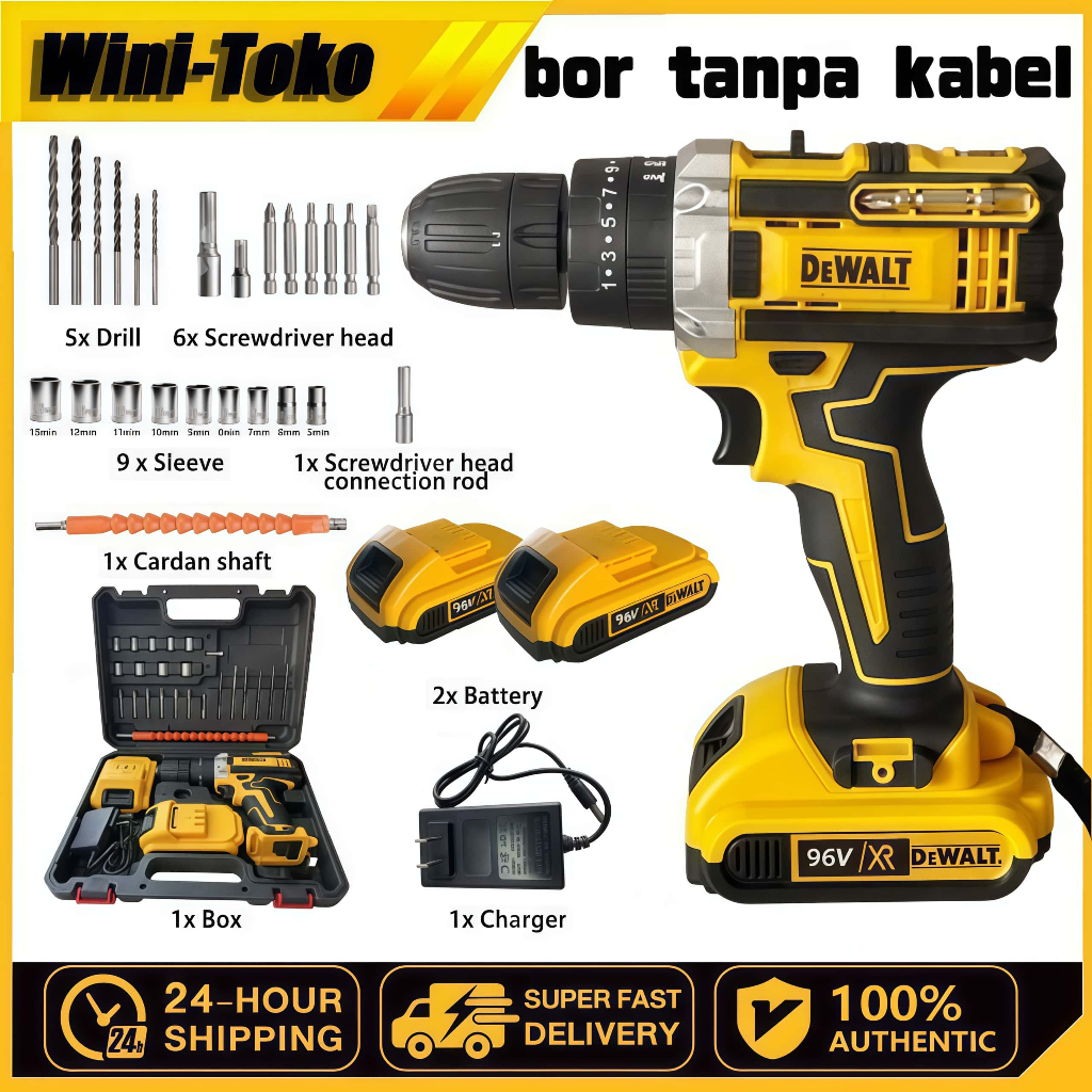 DEWALT Bor Listrik Bor Tangan 2 Baterai Besi Beton Kayu Dinding - Bor Tanpa Kabel Mata Bor Bor Listr