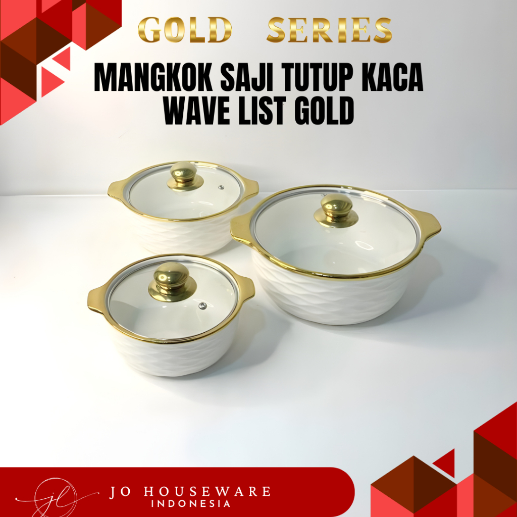 Mangkok Saji Tutup Kaca Wave List Gold Keramik Premium Unik  / Set Mangkok Keramik Tutup kaca JJ673