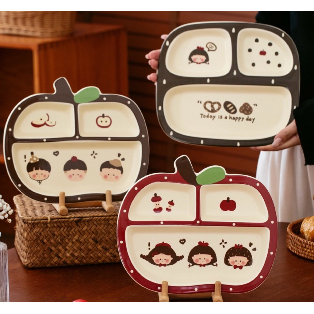 PR 24 SATUAN Piring Sekat 3 Kotak Keramik dengan Motif Apel Kartun Lucu Imut Aesthetic ala Cafe Jepa