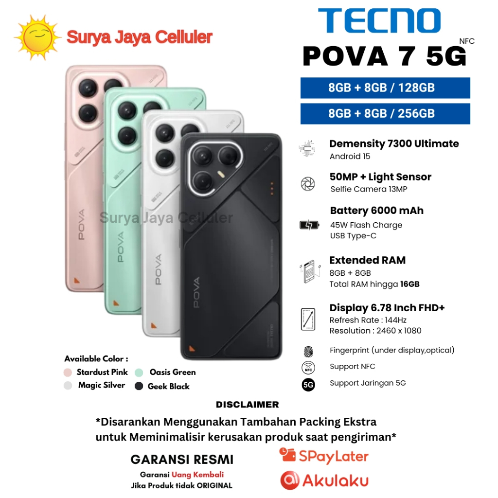 TECNO POVA 7 5G NFC 8/256GB,POVA 7 5G NFC 8/128GB,POVA 7 NFC 8/256GB, dan POVA 7 NFC 8/256GB