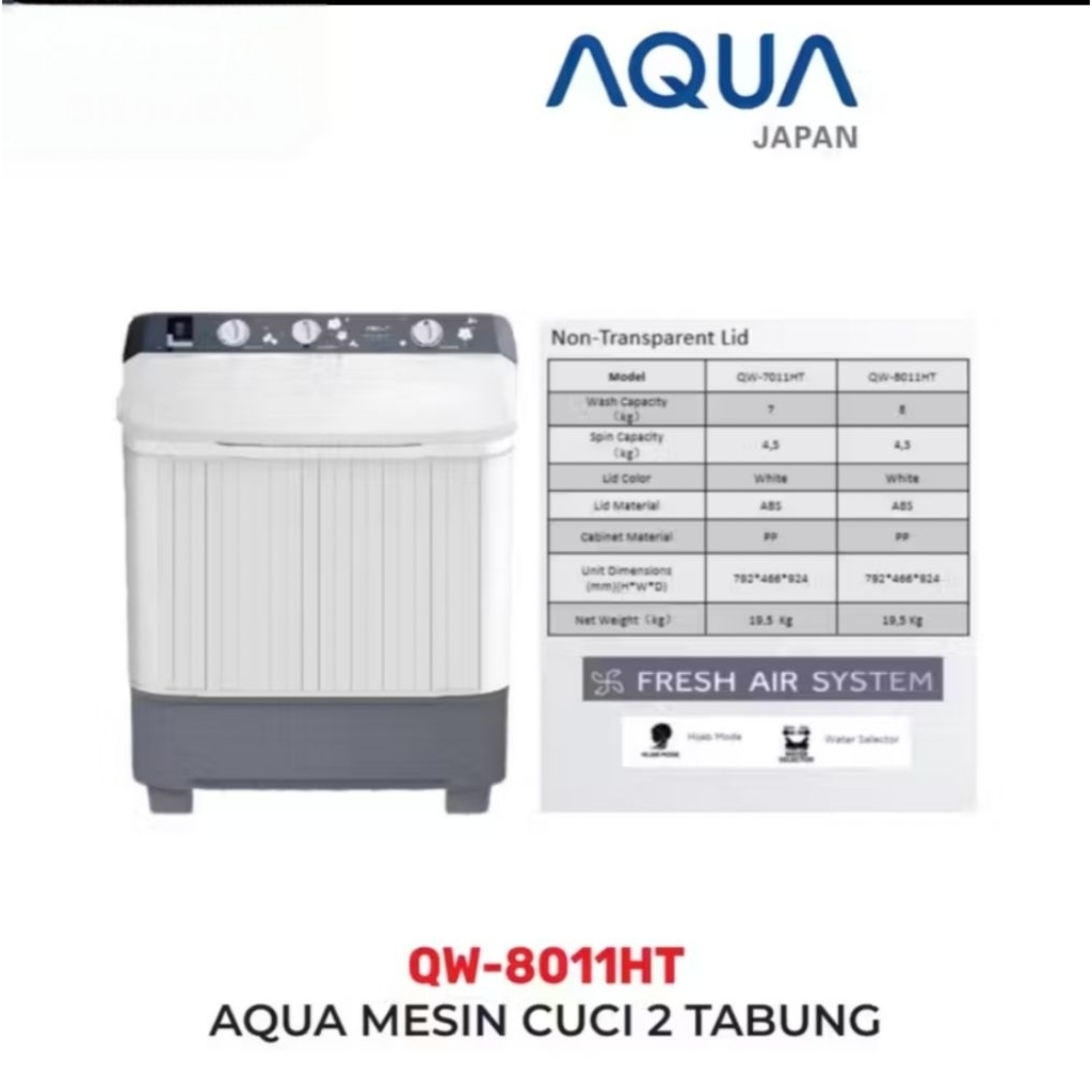 AQUA Mesin Cuci 2 Tabung 8KG QW 8011HT / QW-8011 HT / QW 8011HT Twin Tube