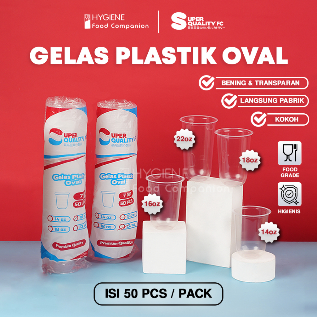 Gelas Plastik Oval 14oz/16oz/22oz / Gelas Plastik Bening Oval Bahan PP / Gelas Oval Tebal Per Pack
